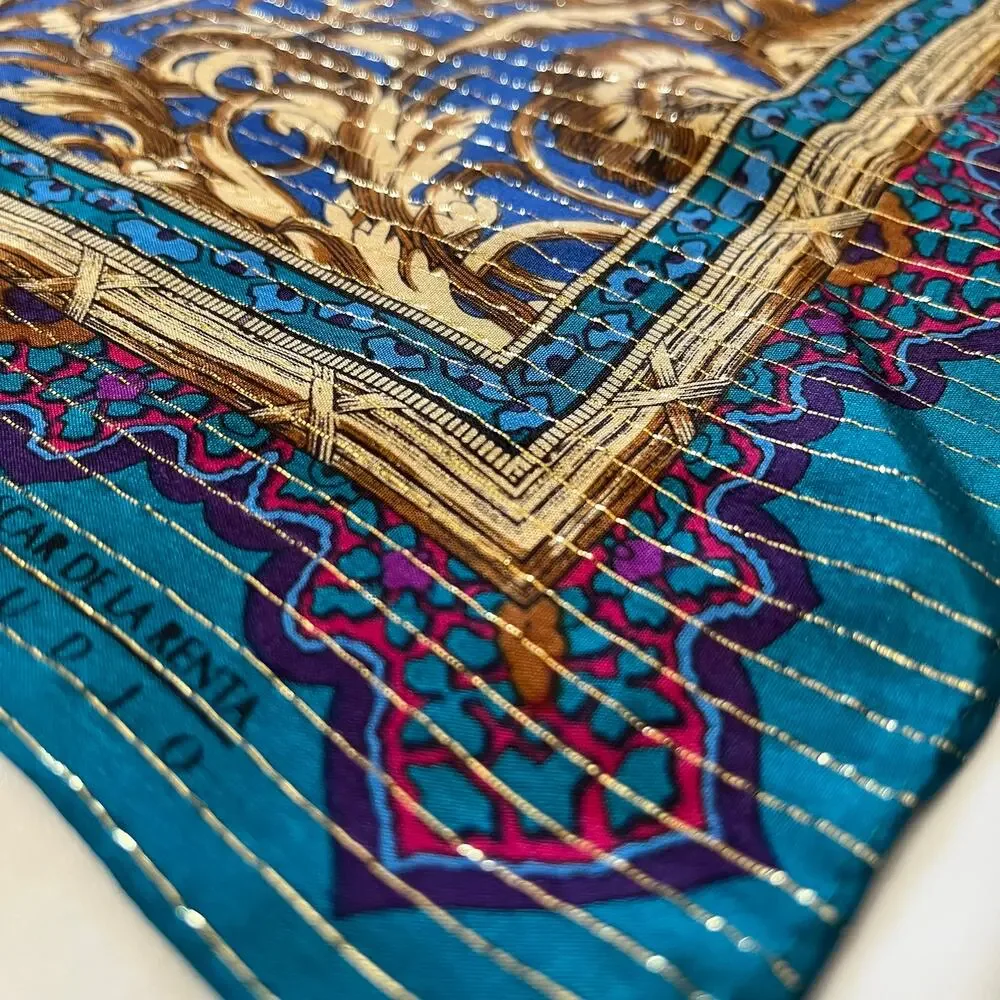 Vintage Oscar de la Renta Studio Gold Stripe Ornate Jewel Tone Silk Square Scarf